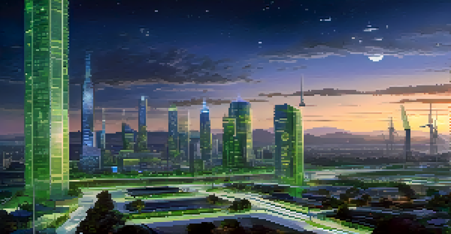 A futuristic city with smart infrastructure, solar panels, electric vehicle stations, and a clear twilight sky.