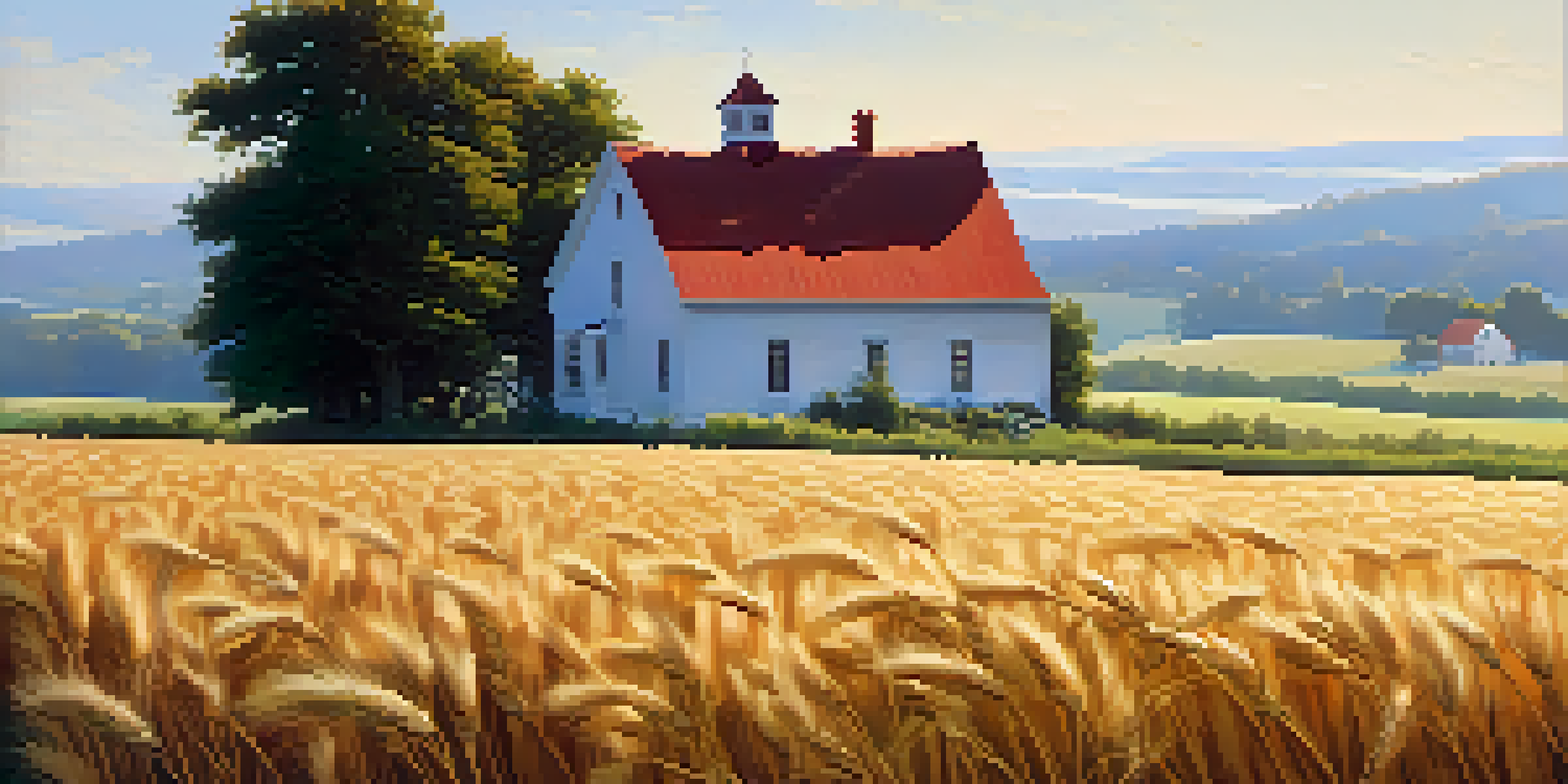 A vast field of golden wheat with a quaint farmhouse and lush trees under a clear blue sky.