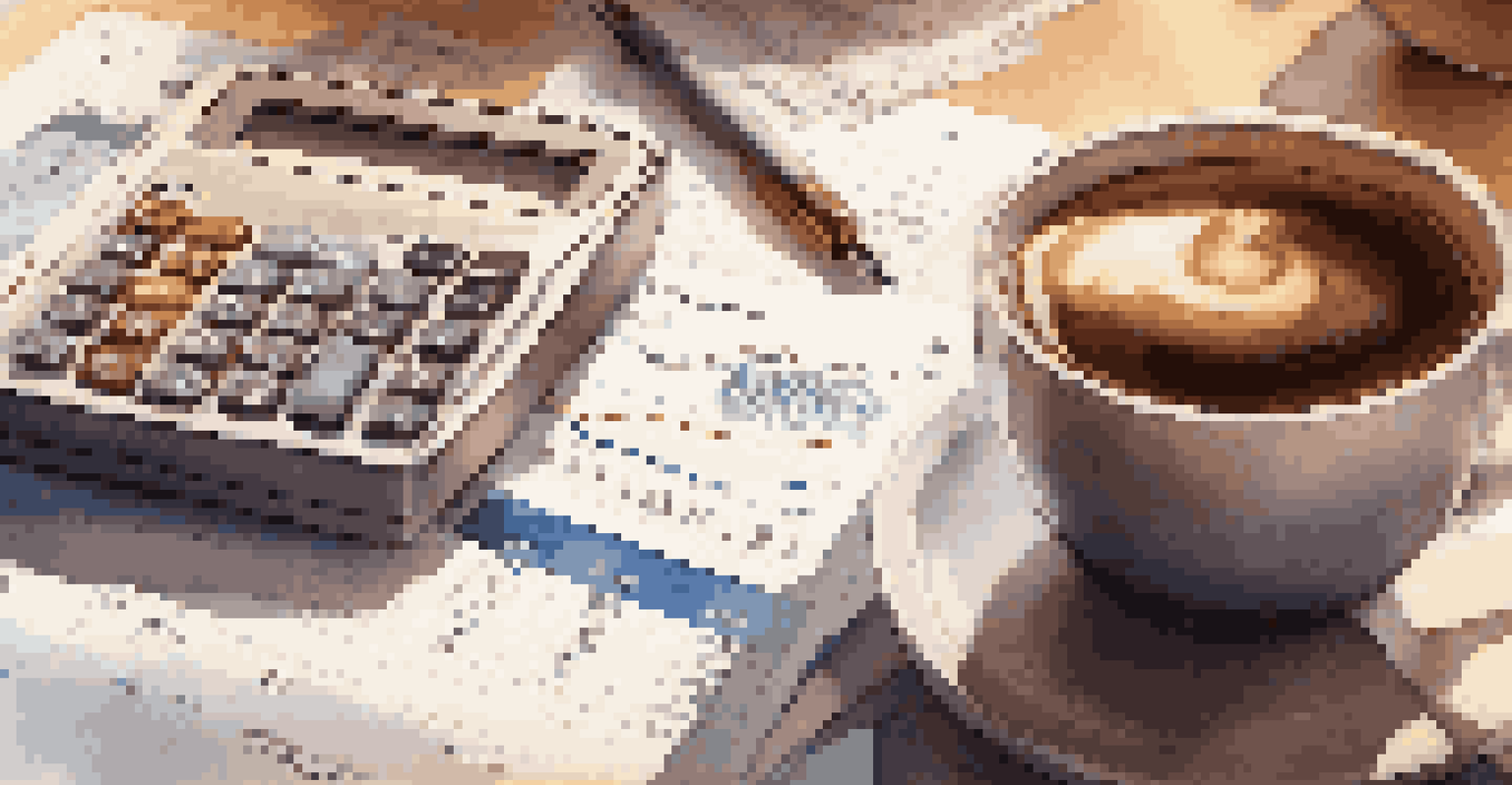 A close-up of a financial report with graphs about inflation, a calculator, pen, and coffee cup on a wooden desk, warm lighting creating soft shadows.