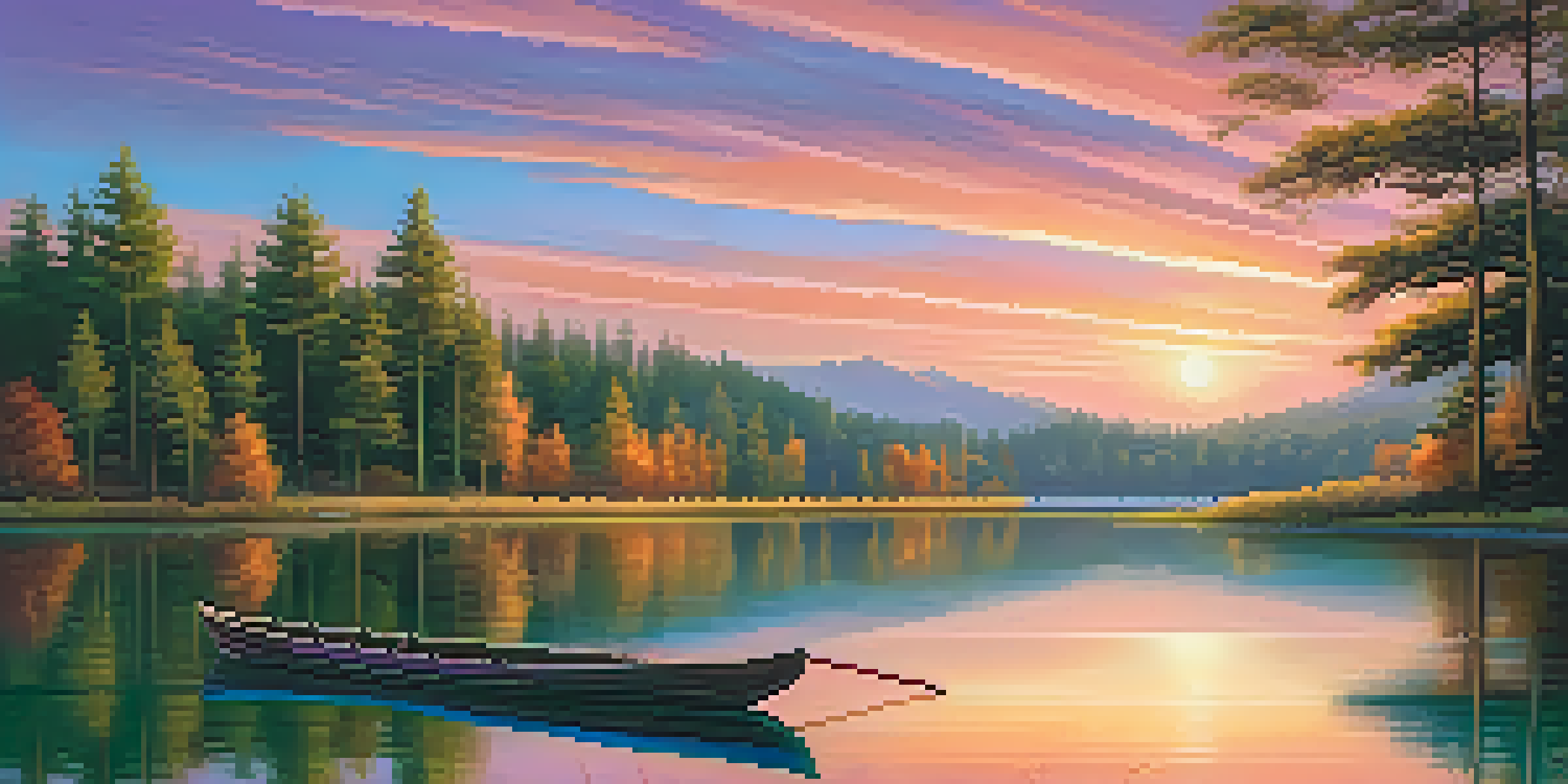 A peaceful lake at sunset with a wooden dock and rowboat, surrounded by green trees.