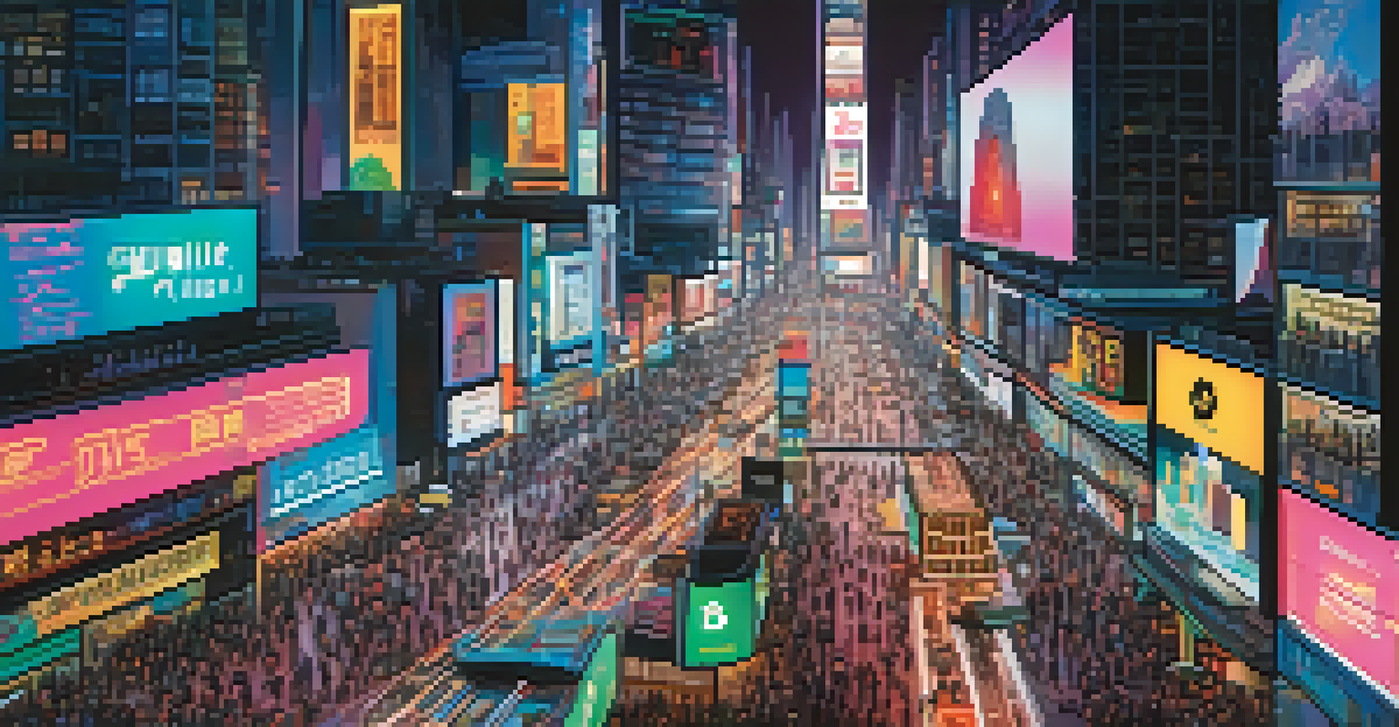 Aerial view of a city at night with neon lights and a digital billboard showing cryptocurrency prices.