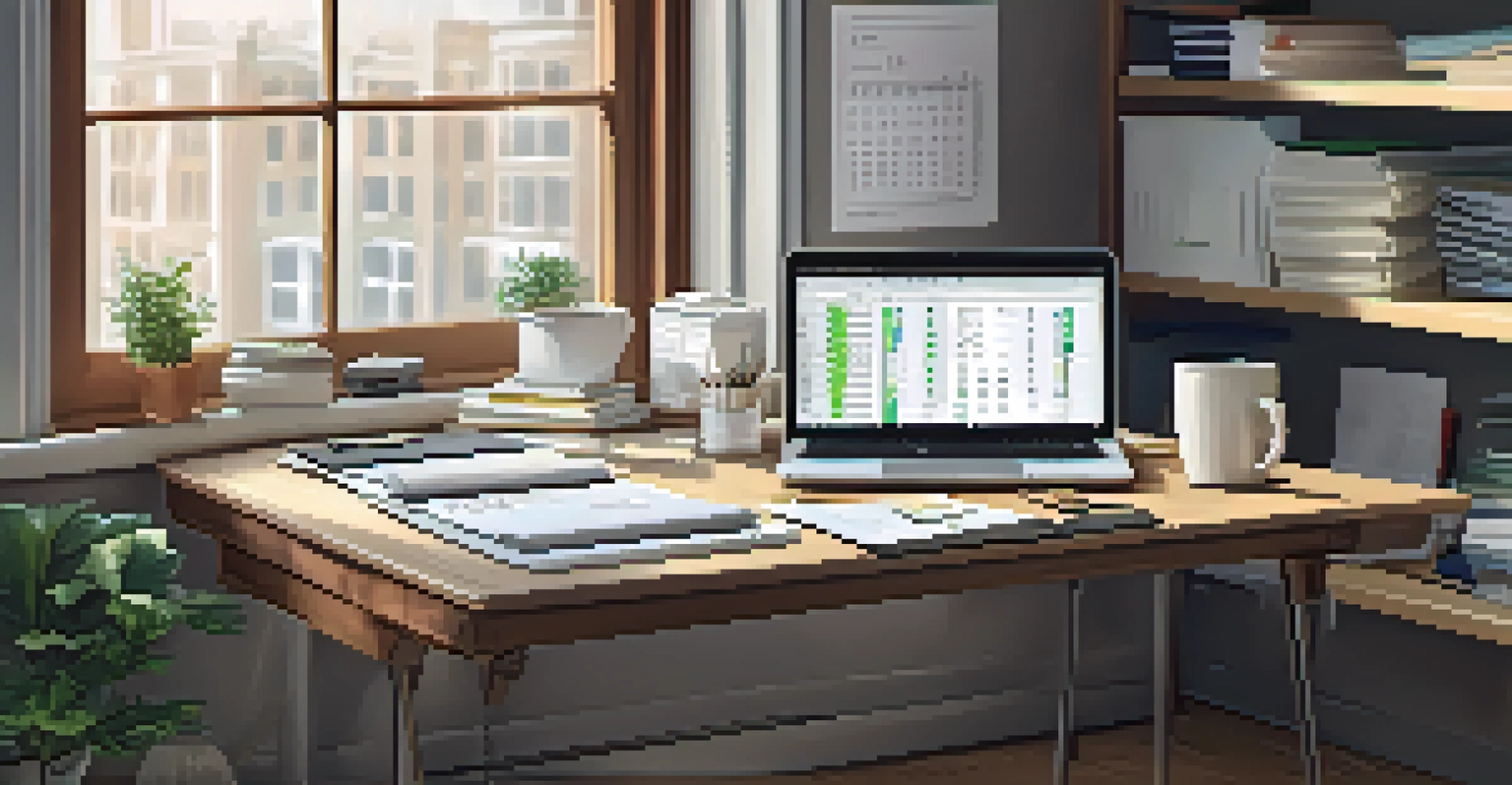 A wooden desk with a laptop showing capital gains tax calculations, surrounded by financial reports and a calculator, illuminated by soft natural light.