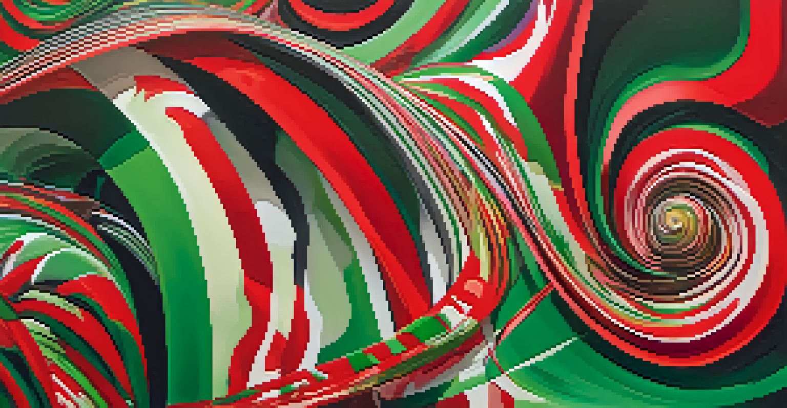An abstract image illustrating emotional risks in trading with swirling patterns in red and green colors.