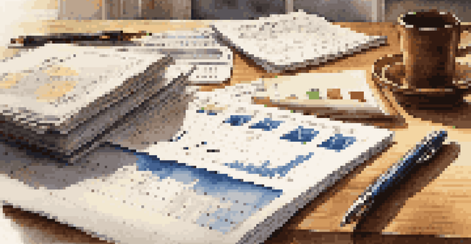 A financial report open on a wooden desk with a balance sheet and income statement, illuminated by soft natural light, with a pen and calculator beside it.