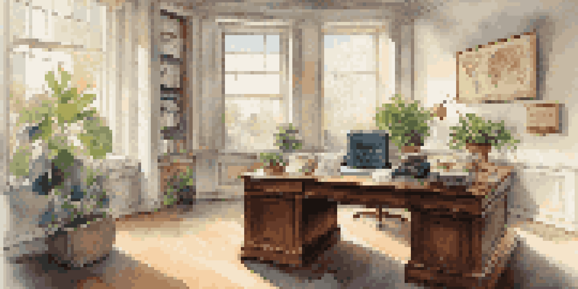 A modern advisor's office with a desk, laptop, financial documents, and a potted plant, illuminated by soft natural light.