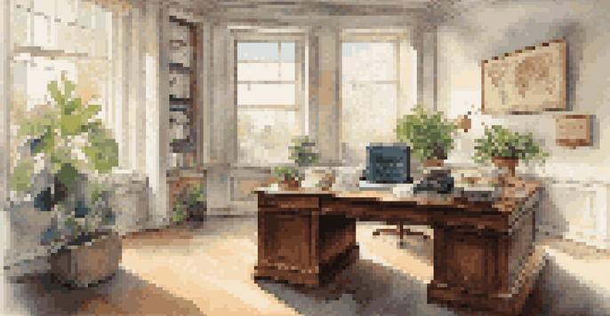 A modern advisor's office with a desk, laptop, financial documents, and a potted plant, illuminated by soft natural light.