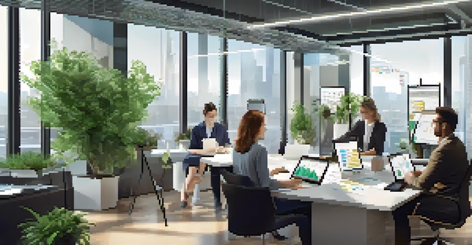 A diverse group of professionals working together in a modern office, surrounded by plants and natural light.