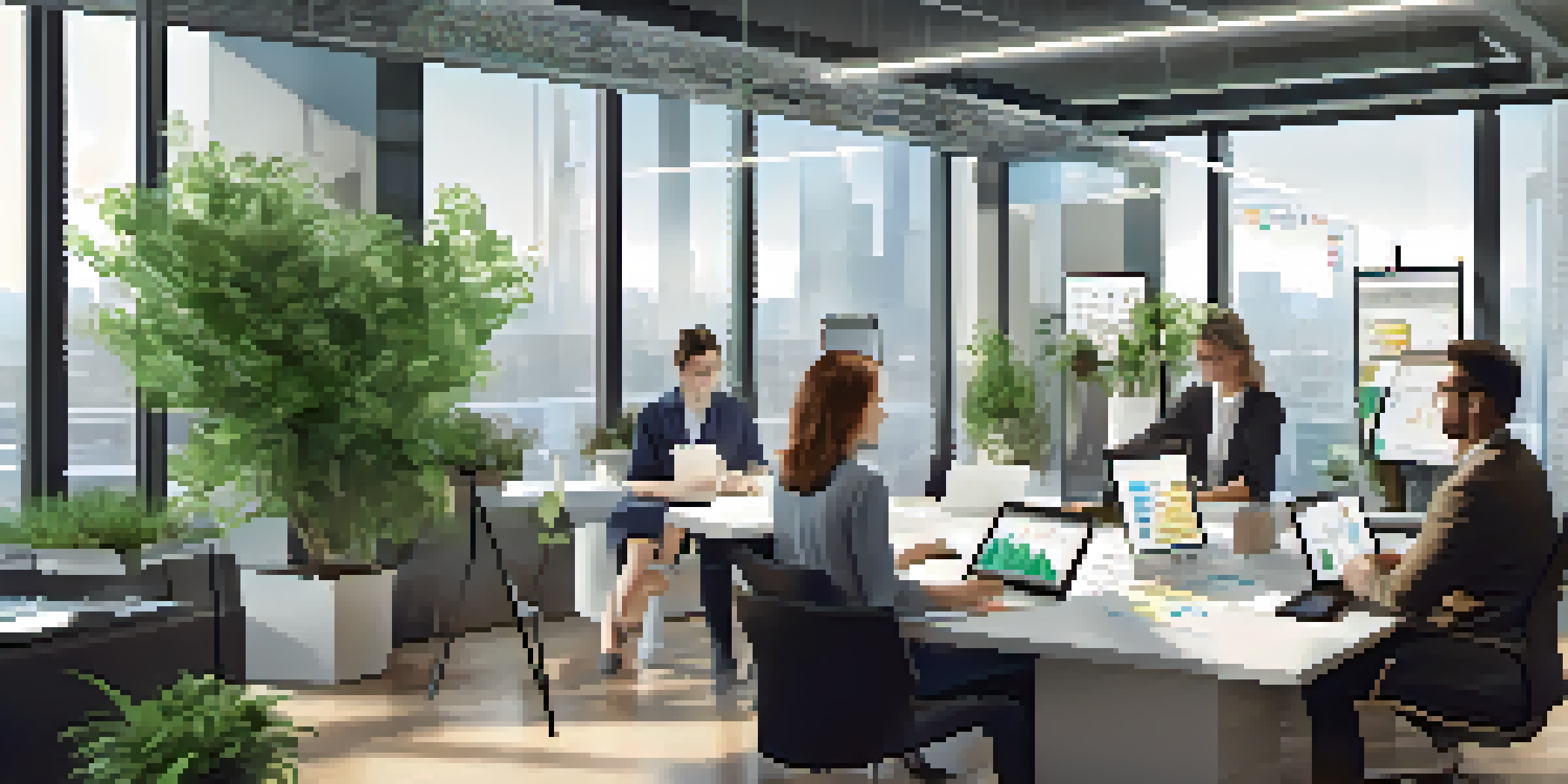A diverse group of professionals working together in a modern office, surrounded by plants and natural light.