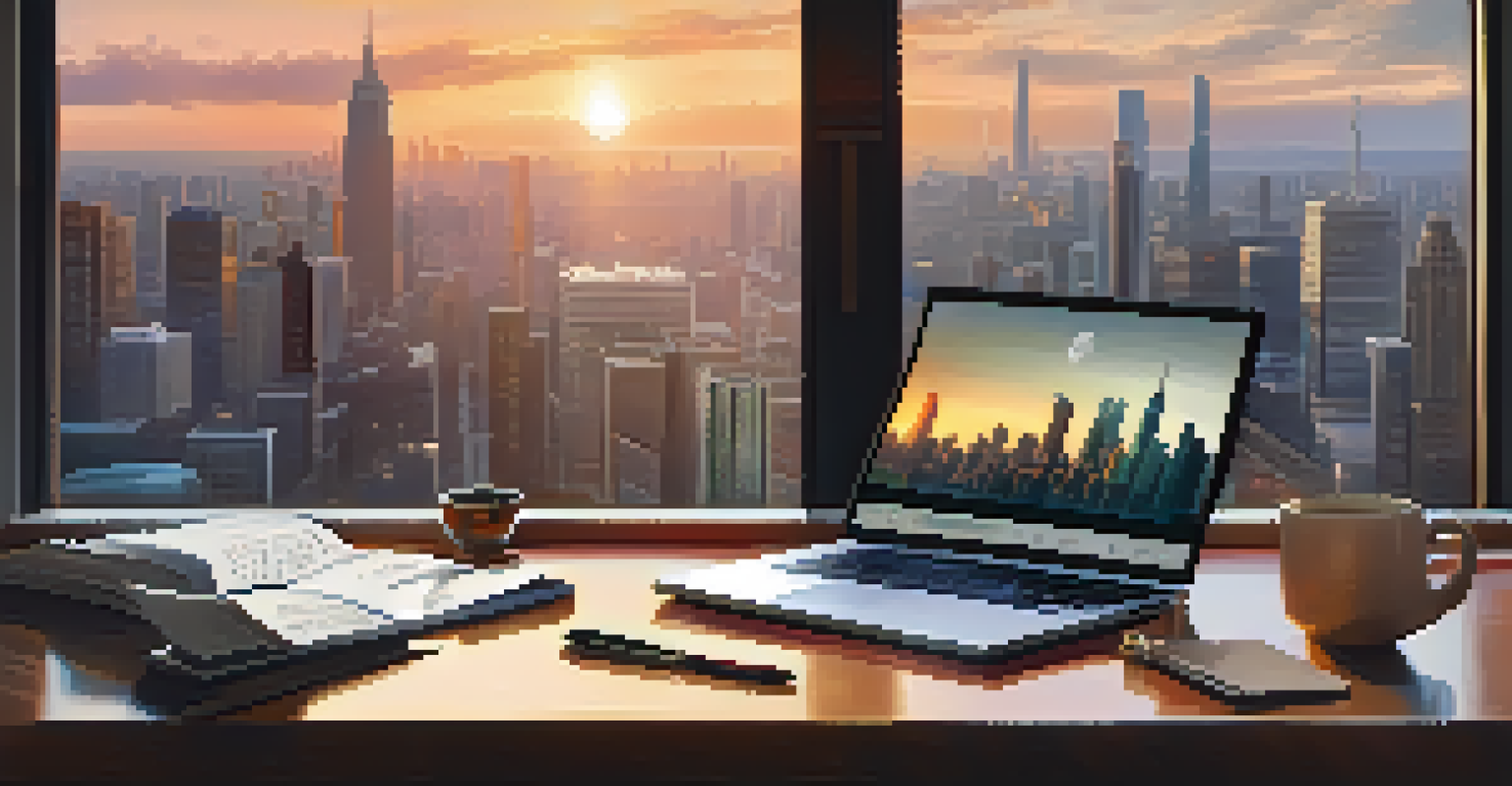 A workspace with a laptop showing financial graphs, a notepad, and a cup of coffee, with a cityscape view outside during sunset.