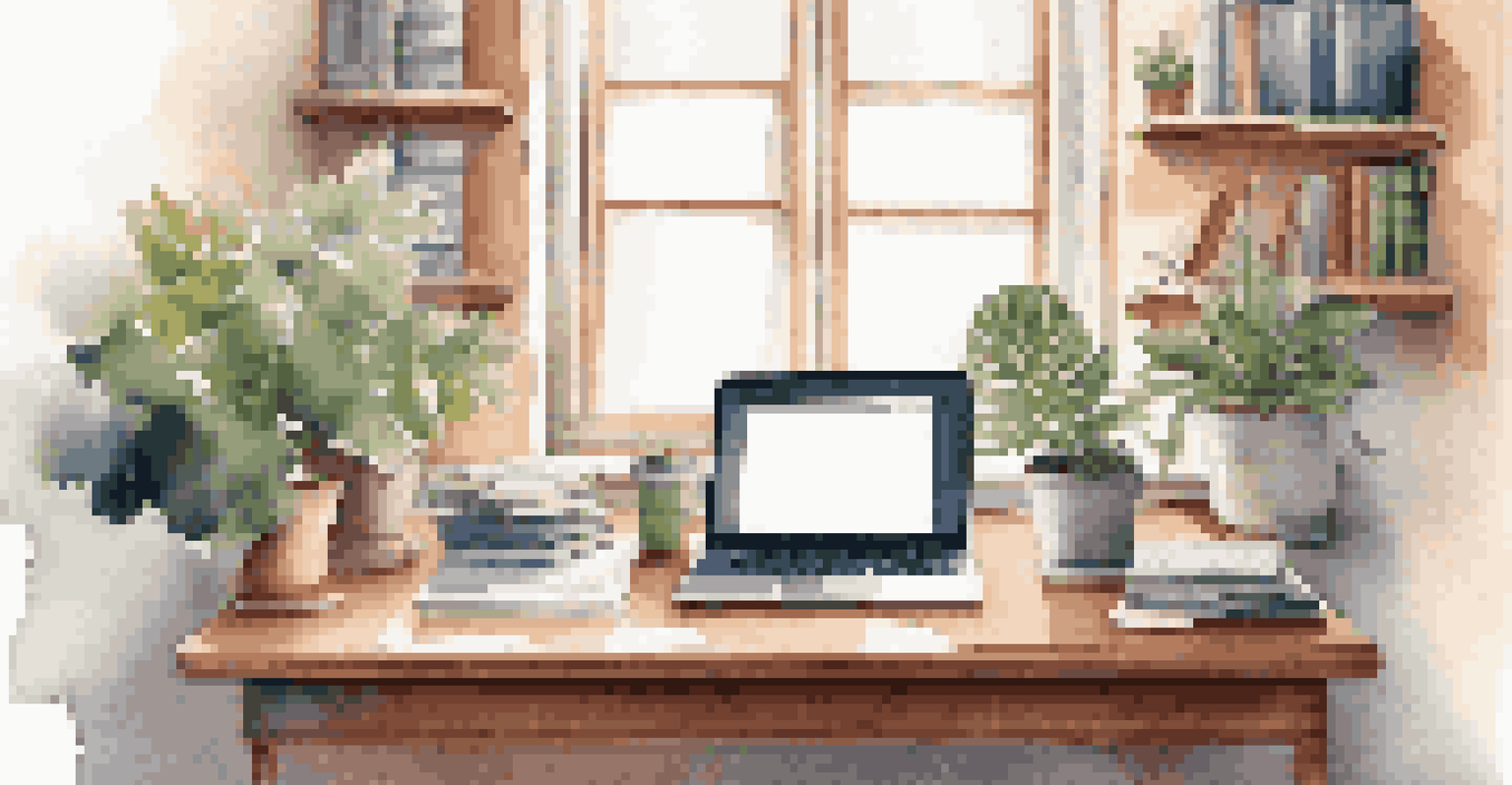 A workspace with a wooden desk, open laptop, finance books, and a potted plant, illuminated by soft natural light.