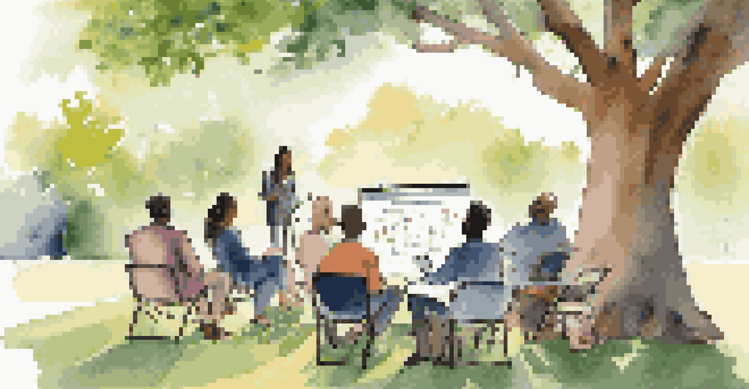 A financial workshop in a park with a coach teaching a diverse group about investments under a tree.
