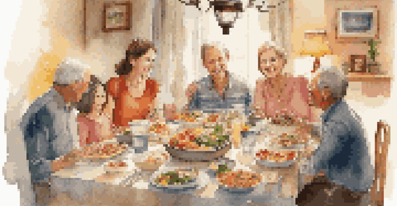 A family sharing a meal around a dining table filled with colorful dishes in a warm, cozy setting.