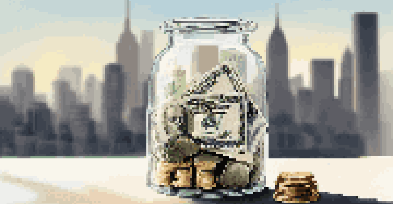 A clear glass jar filled with coins and dollar bills, illuminated by sunlight, set against a blurred financial district skyline.