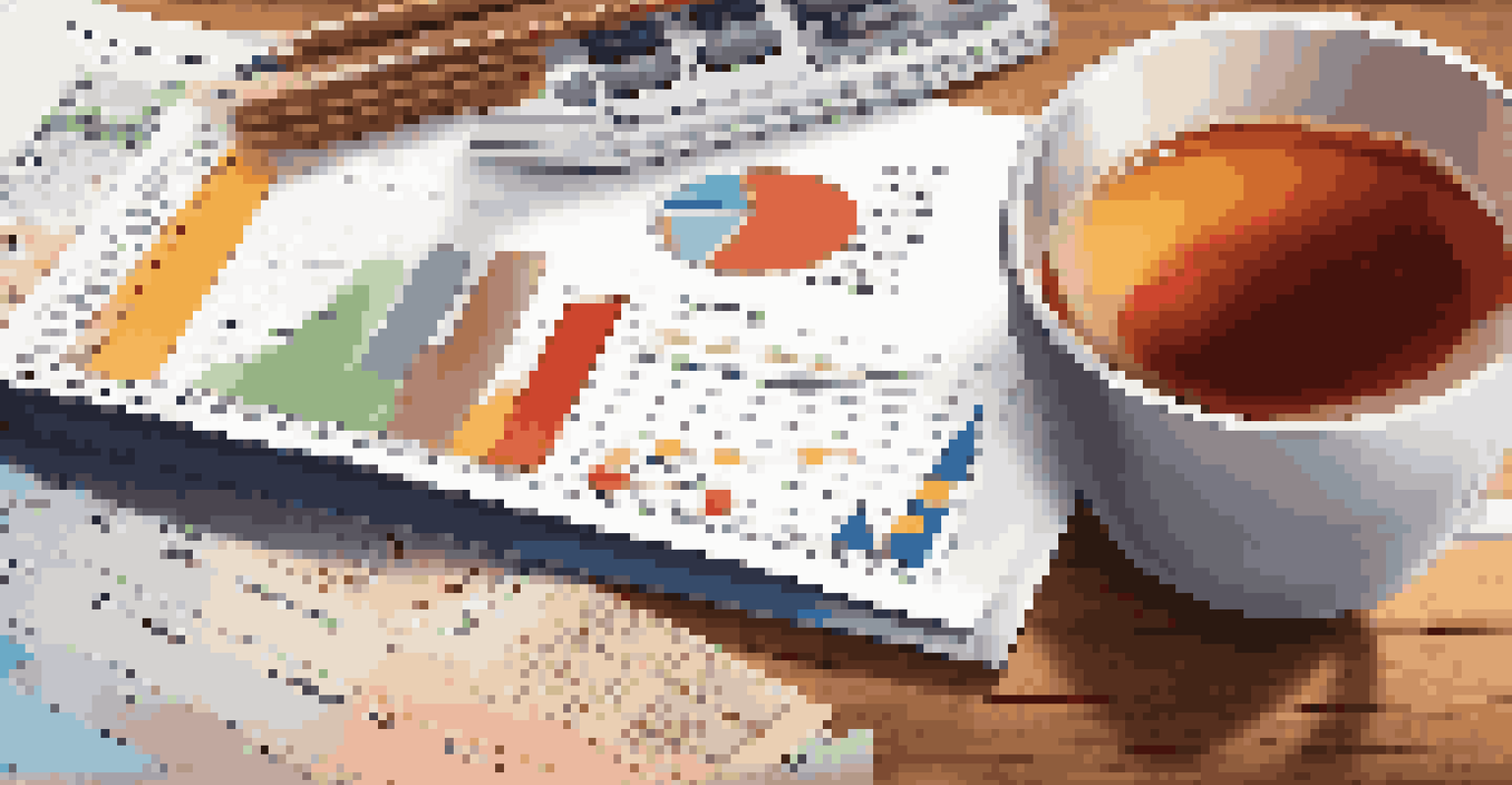 A close-up of a financial report with graphs, a calculator, a pen, and a cup of tea on a wooden table.