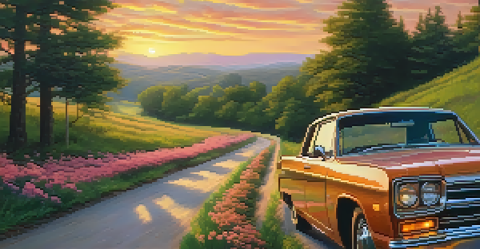 A winding road through a vibrant landscape at sunset, symbolizing a journey towards financial and philanthropic goals.