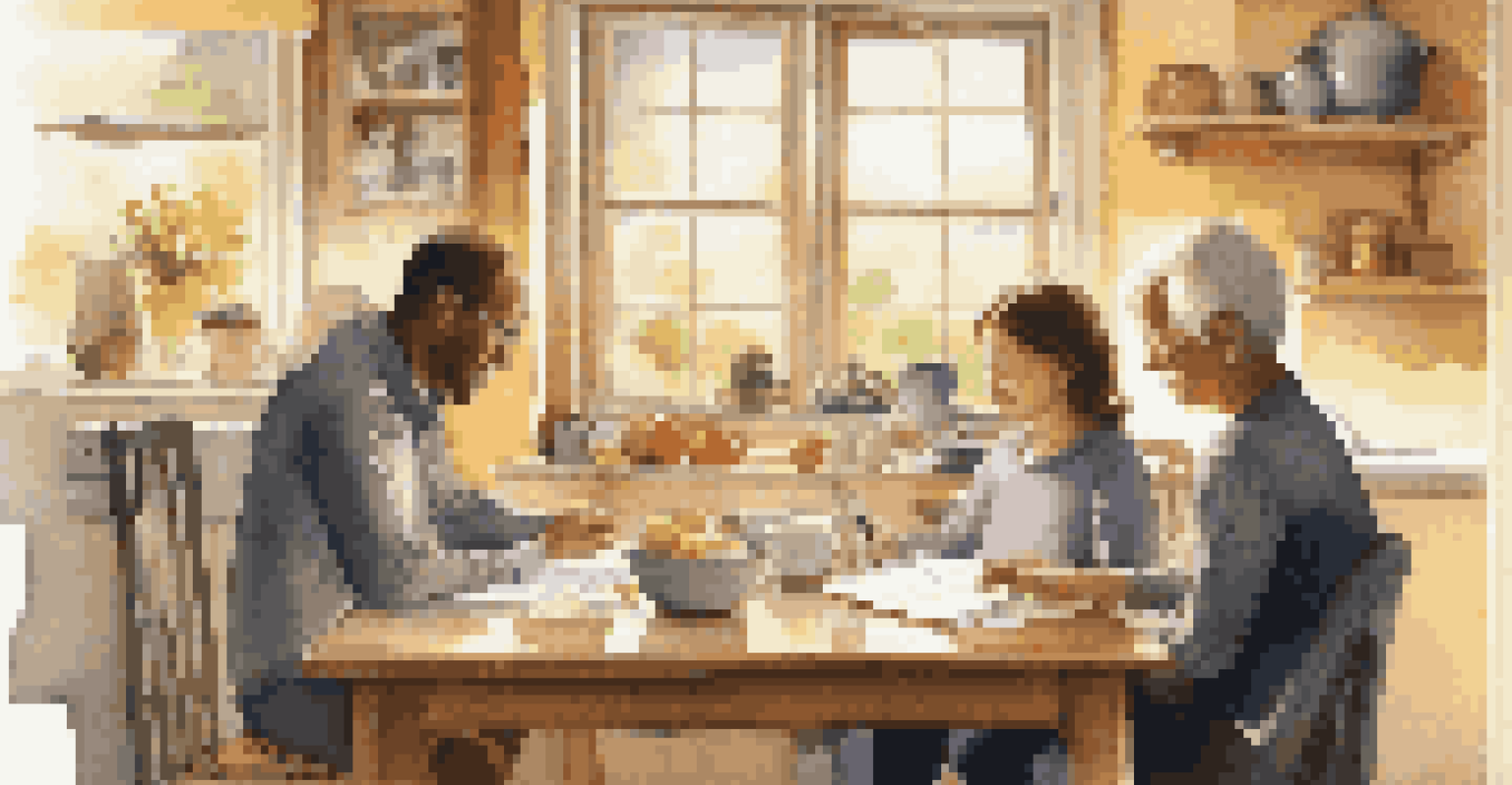 A family at a kitchen table discussing budgets, with a calculator and notepad, in a warm and inviting atmosphere.