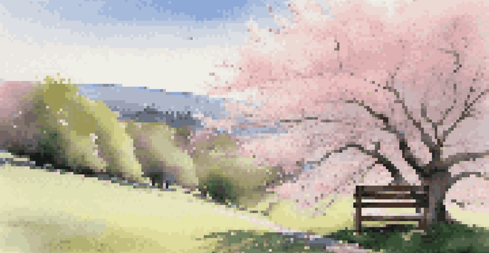 A peaceful landscape with a green hill, a blue sky, fluffy clouds, and a cherry blossom tree with falling petals, featuring a wooden bench.