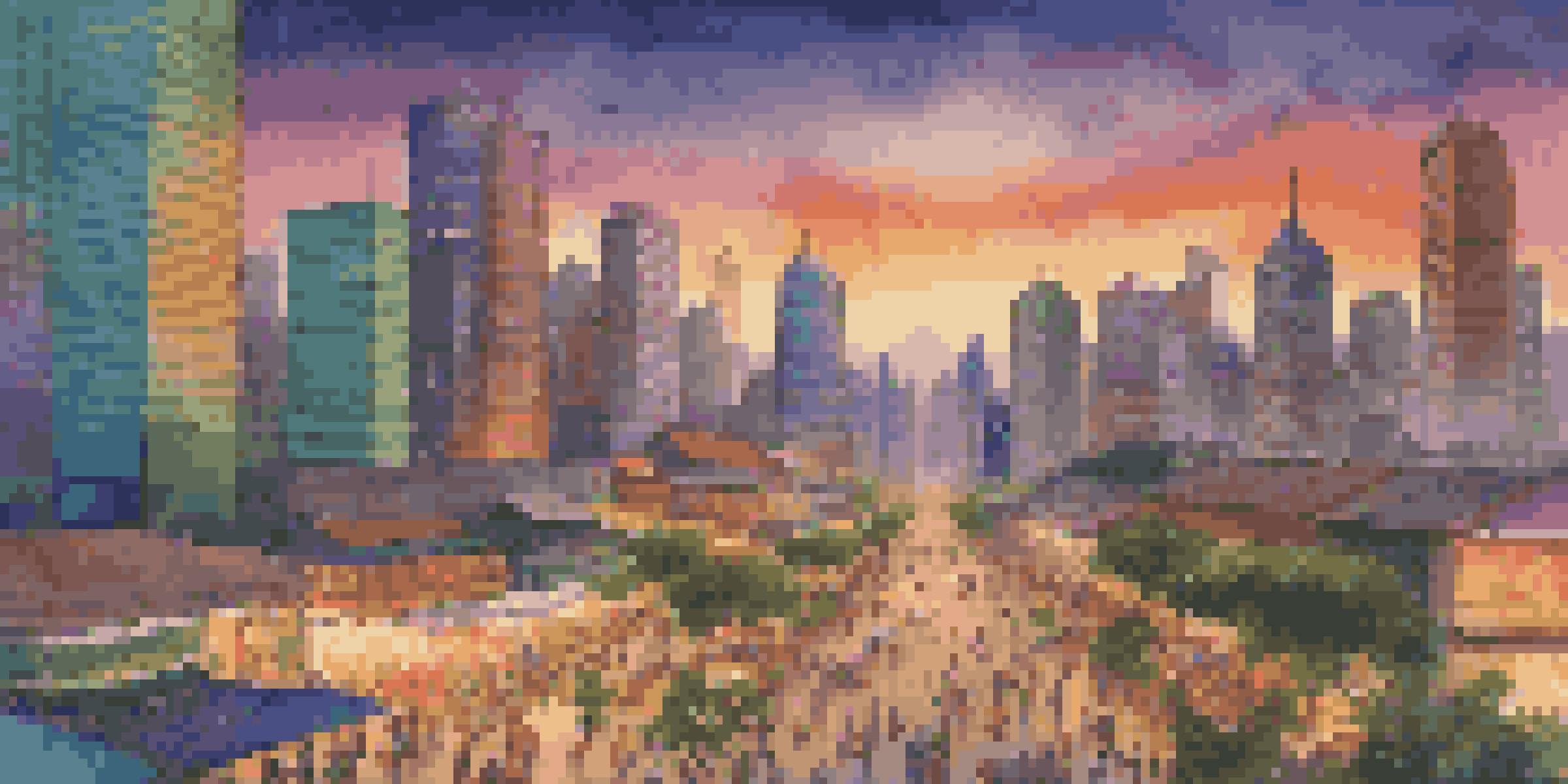 A colorful city skyline showing modern skyscrapers, green spaces, and busy streets filled with people during sunset.