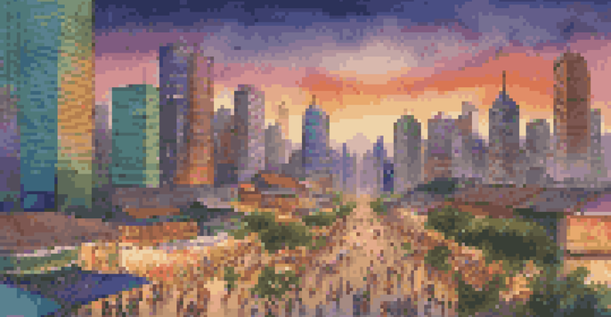 A colorful city skyline showing modern skyscrapers, green spaces, and busy streets filled with people during sunset.