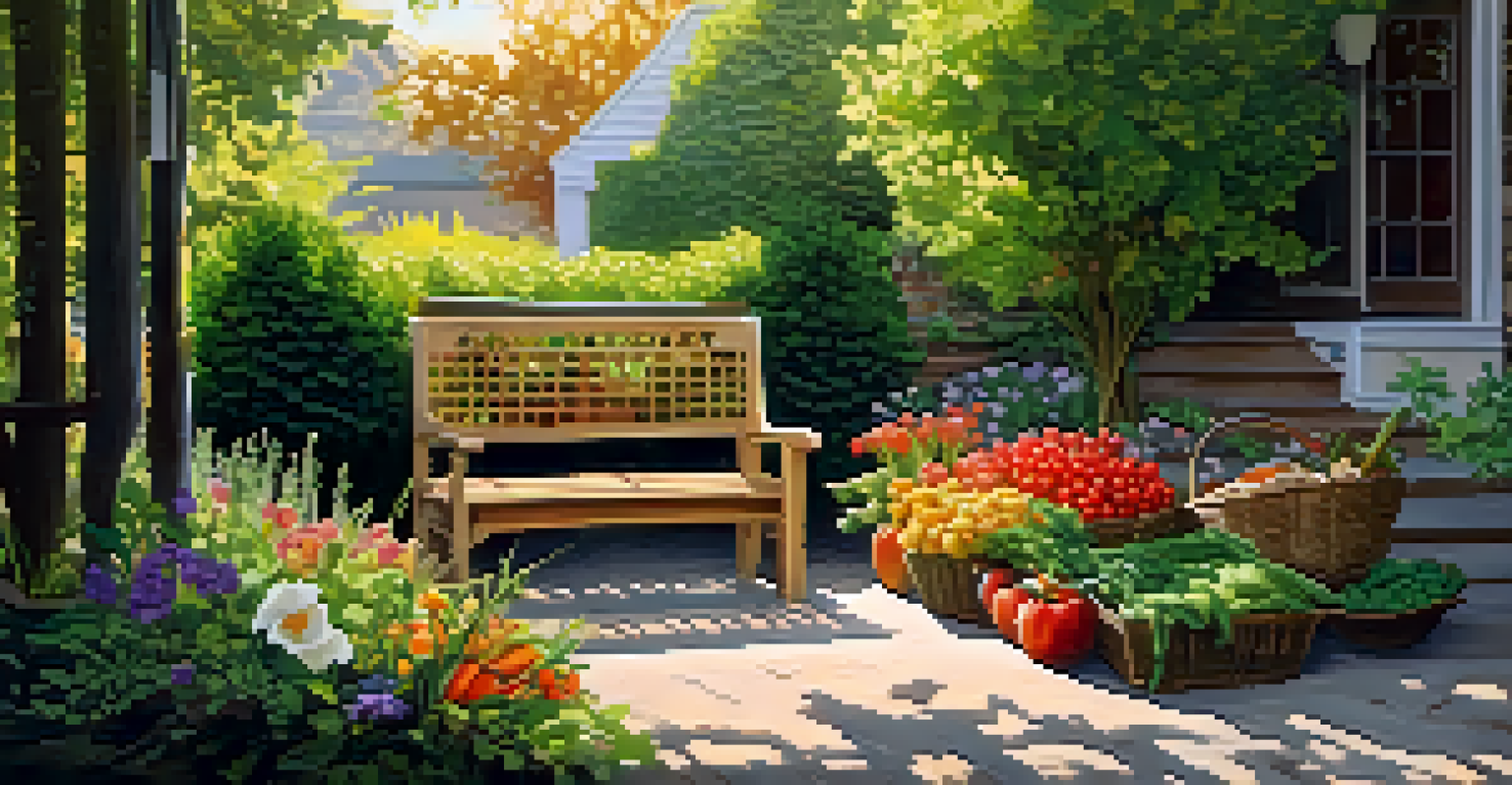 A tranquil garden with flowers, greenery, and a wooden bench, illuminated by sunlight.