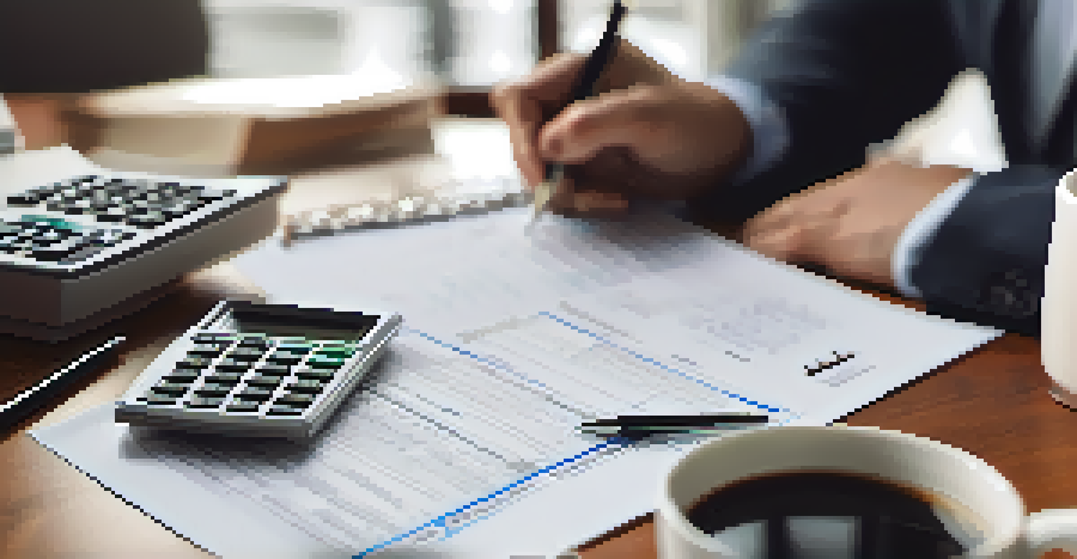 A financial planner's hands writing notes on tax strategies, with a calculator and coffee mug in the background.
