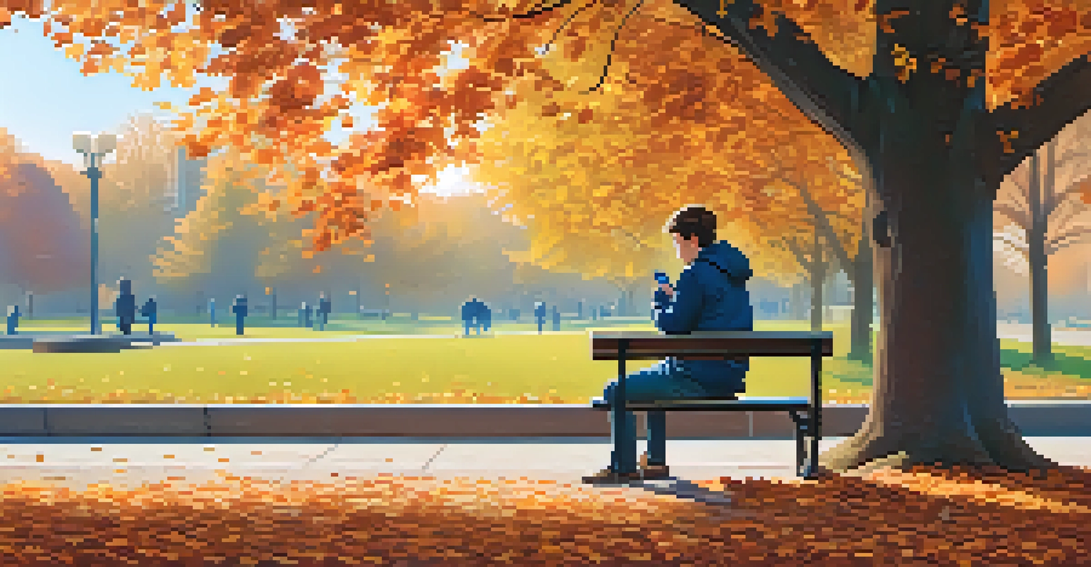 A person sitting on a park bench, looking at a mobile phone with a budgeting app, surrounded by colorful autumn leaves and a clear blue sky.