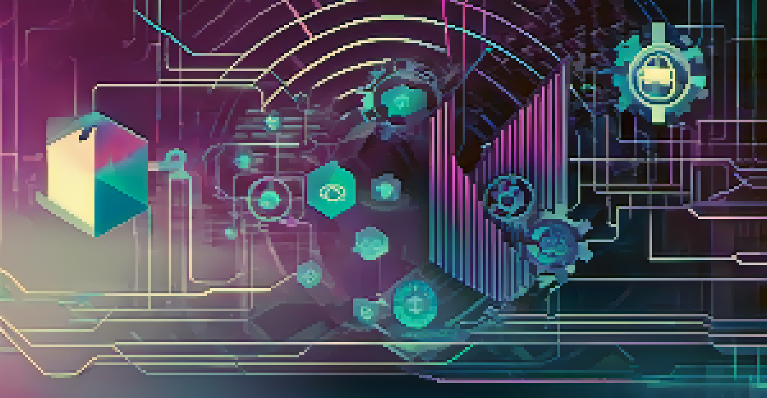 An abstract representation of technology in the insurance sector with gears, data streams, and digital locks.