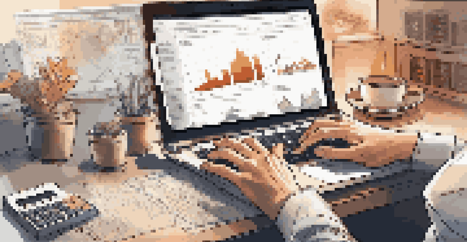 A financial analyst's hands on a laptop with simulation models, surrounded by charts and a coffee cup, in a warm office setting.