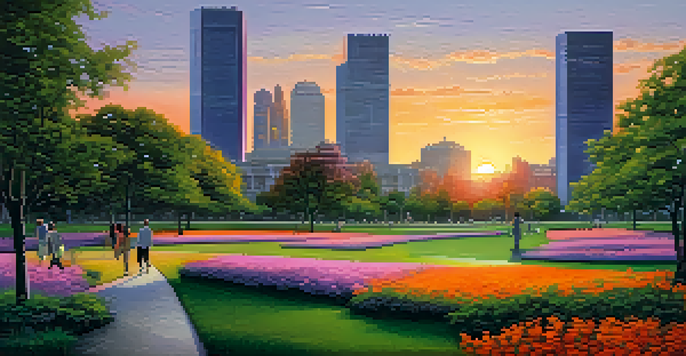 A modern city skyline at sunset with orange and purple hues, a park in the foreground filled with green grass and blooming flowers, and people walking.