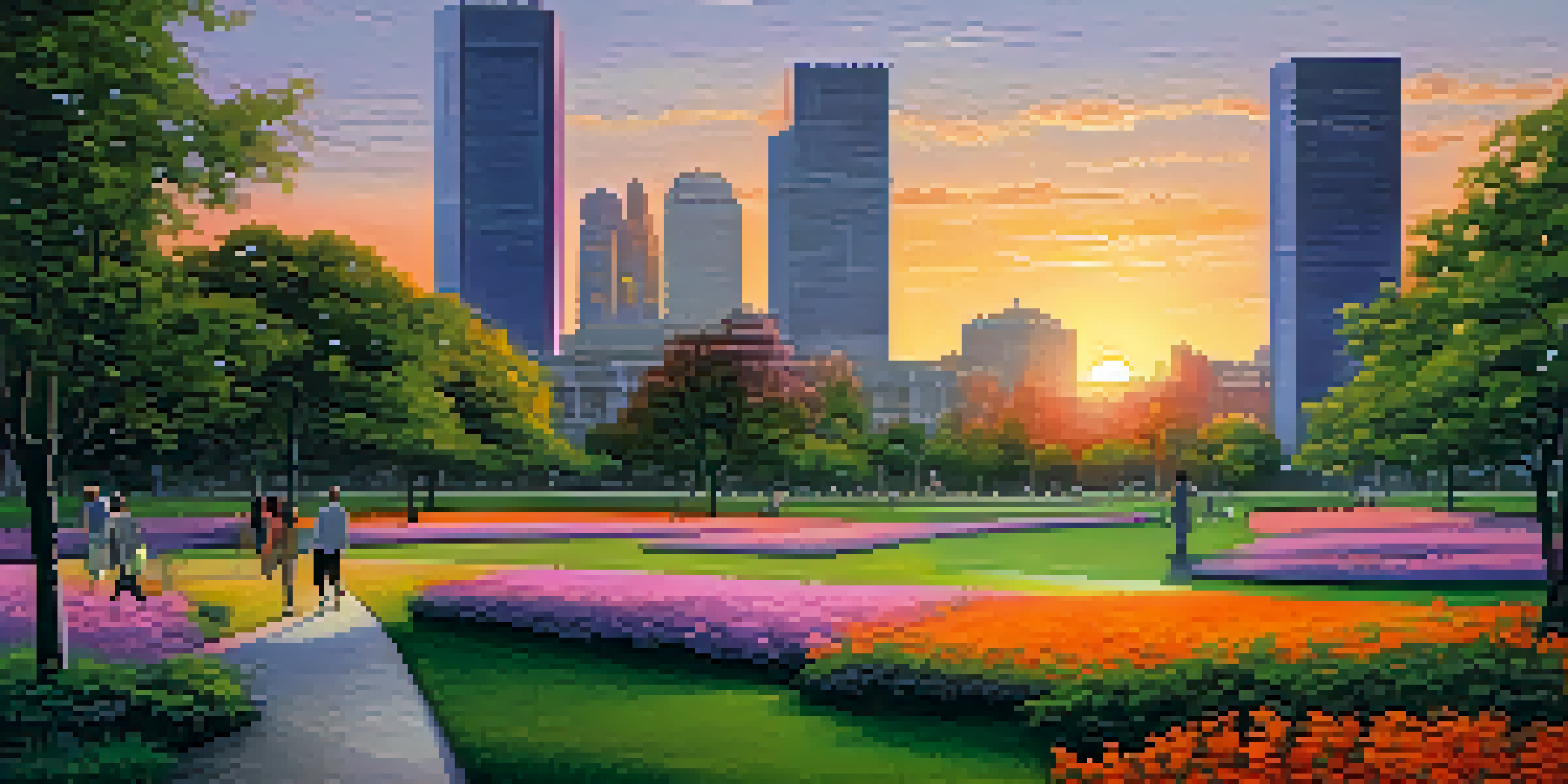 A modern city skyline at sunset with orange and purple hues, a park in the foreground filled with green grass and blooming flowers, and people walking.