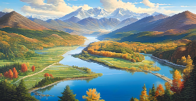 A peaceful landscape with mountains, forests, and rivers under a sunny sky, showcasing diverse plant life.