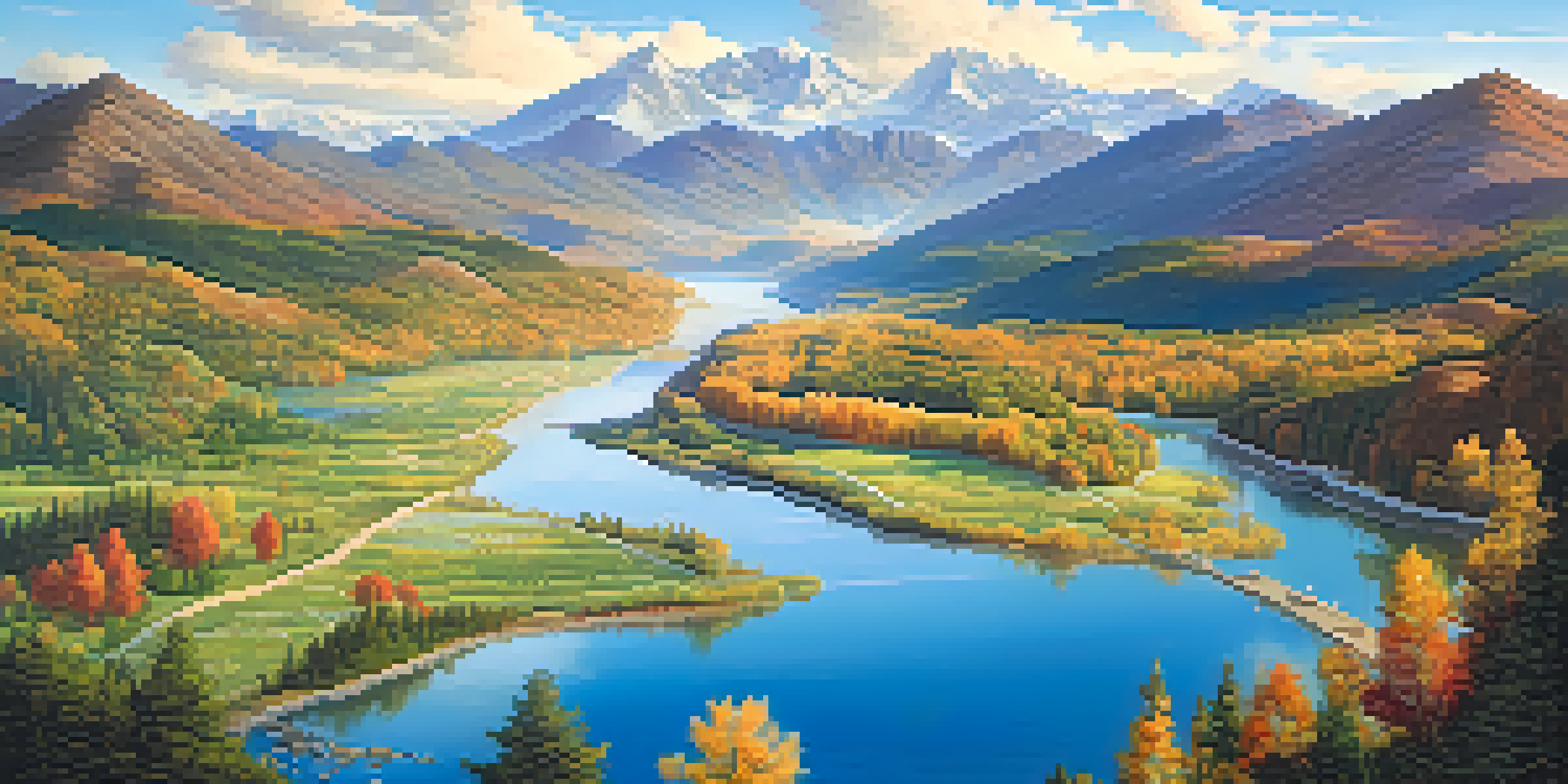 A peaceful landscape with mountains, forests, and rivers under a sunny sky, showcasing diverse plant life.