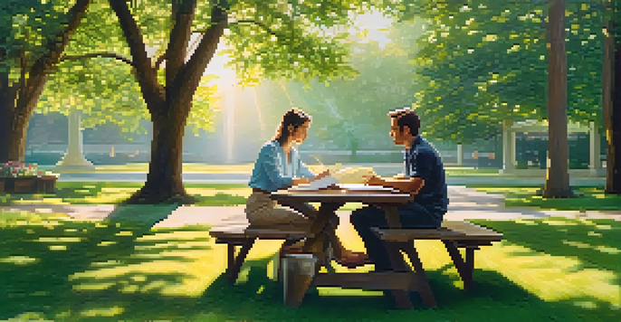 A young couple discussing financial documents at a picnic table in a green outdoor setting, highlighting investment planning.