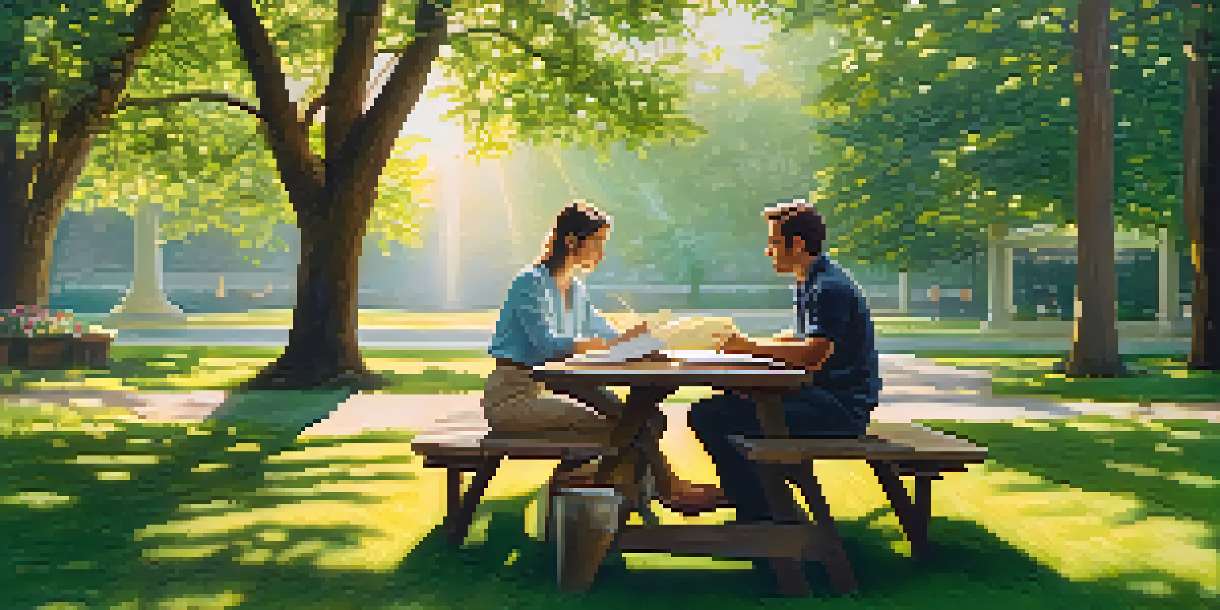 A young couple discussing financial documents at a picnic table in a green outdoor setting, highlighting investment planning.