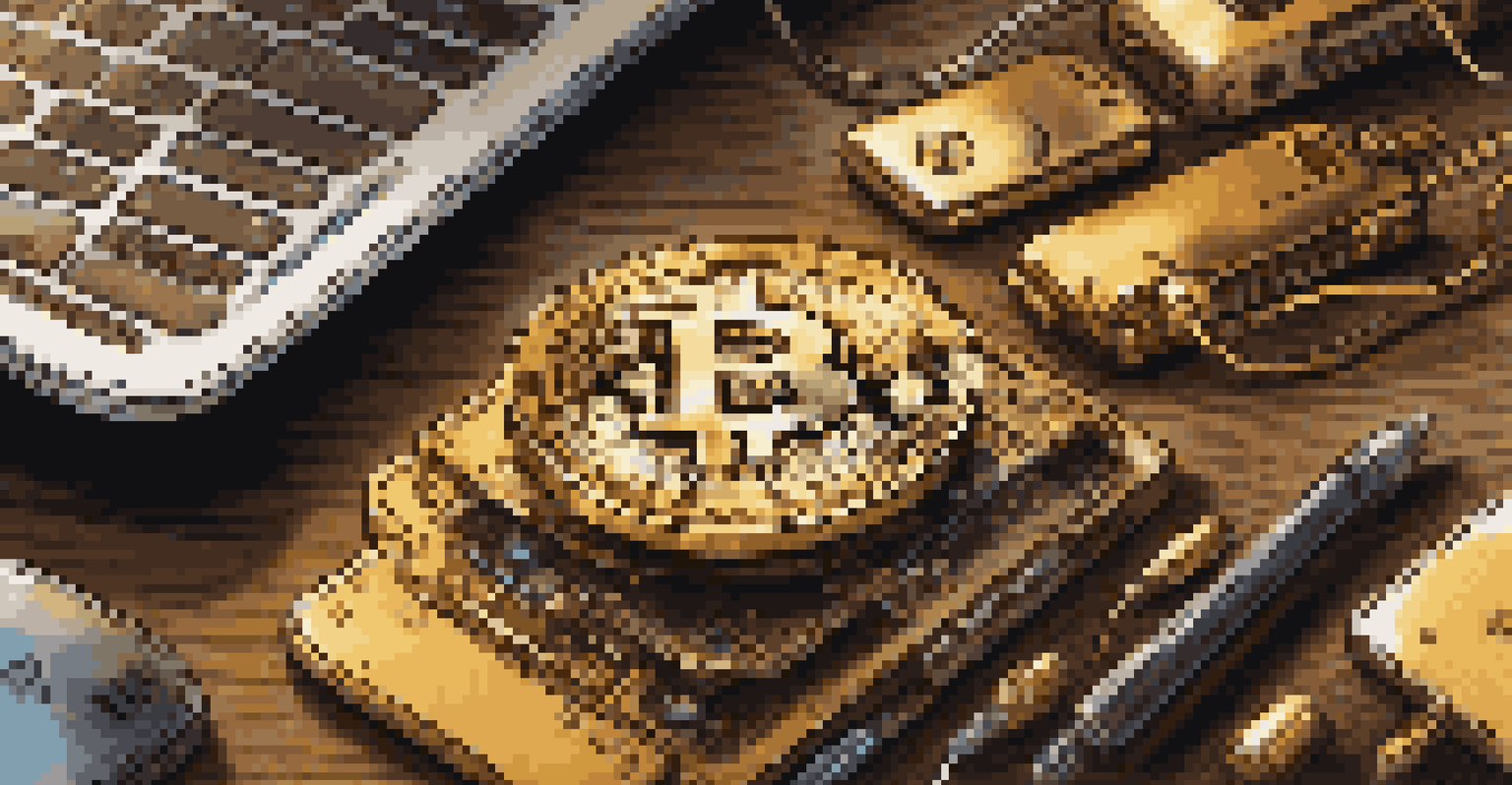 A close-up of a bitcoin coin on a wooden table surrounded by gadgets, showcasing the blend of finance and technology.
