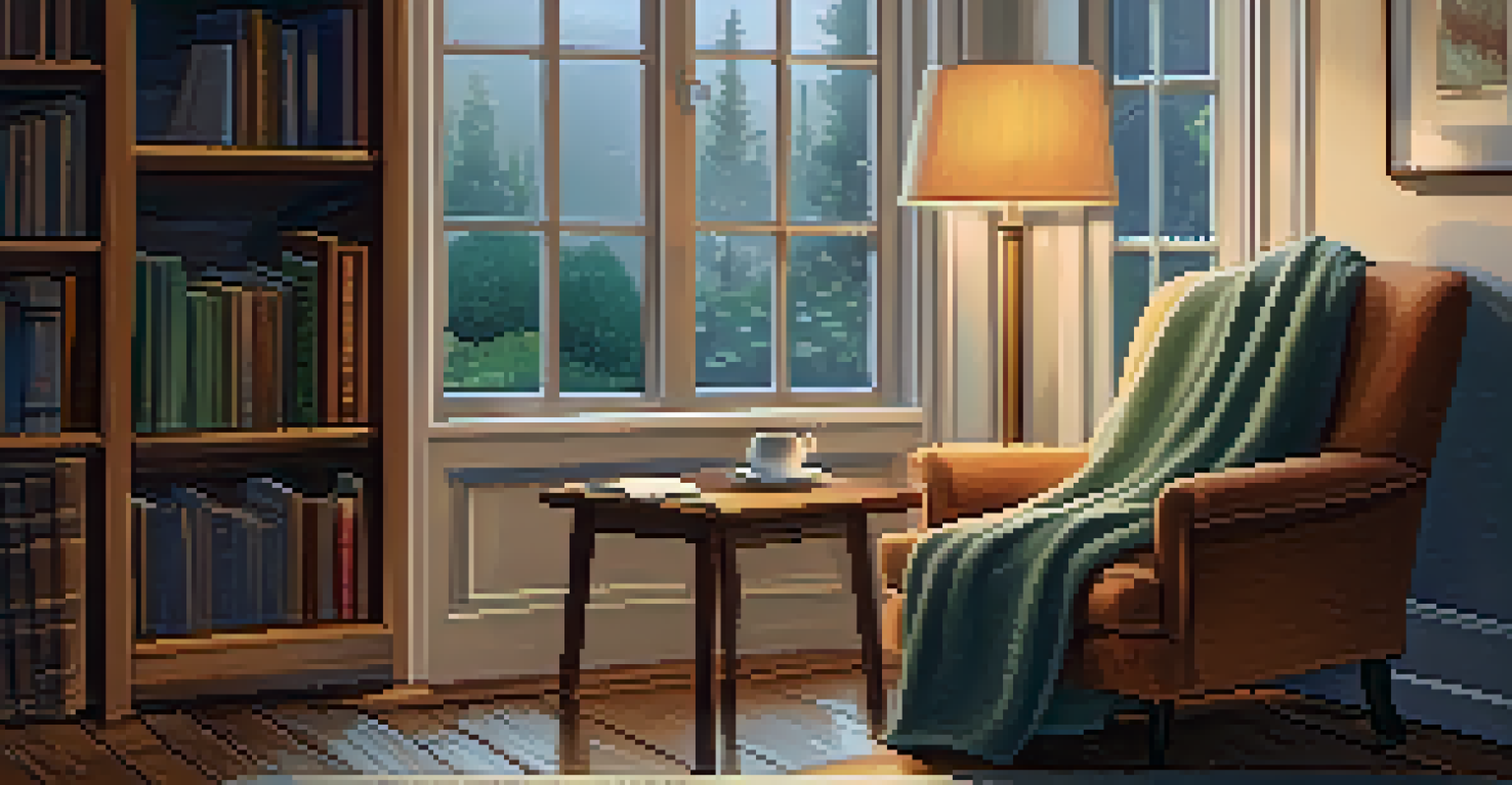 A cozy reading nook with a comfortable armchair, a bookshelf, and a cup of tea, illuminated by soft light.
