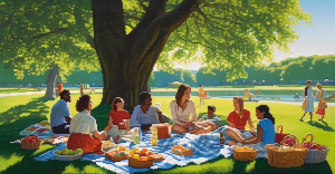 A diverse group of people having a picnic in a green park under a bright sun.