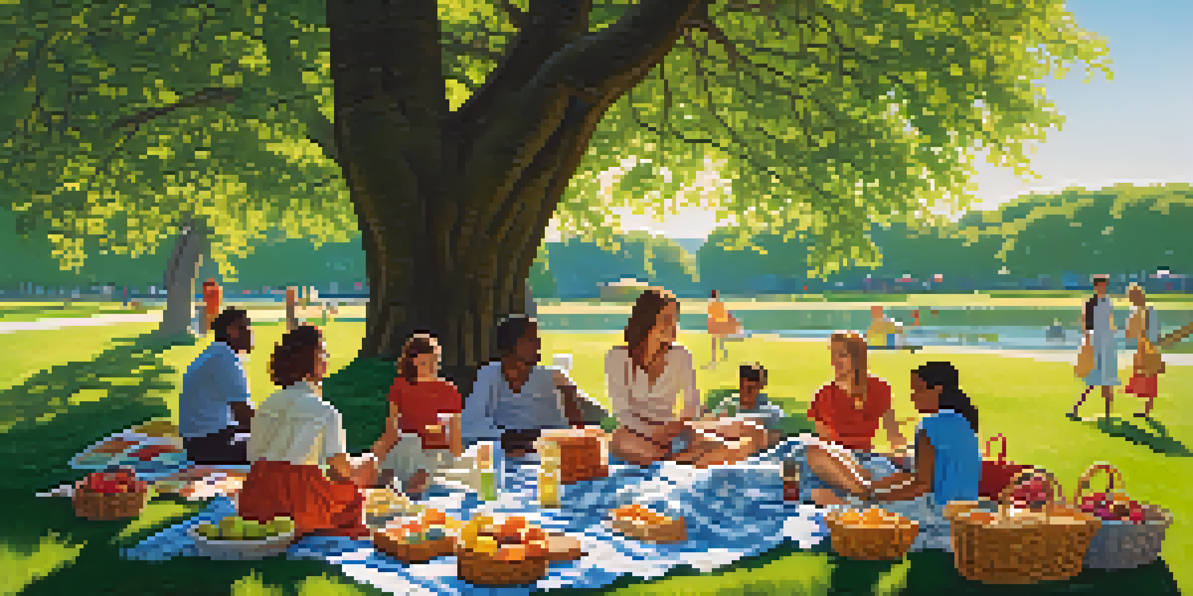 A diverse group of people having a picnic in a green park under a bright sun.