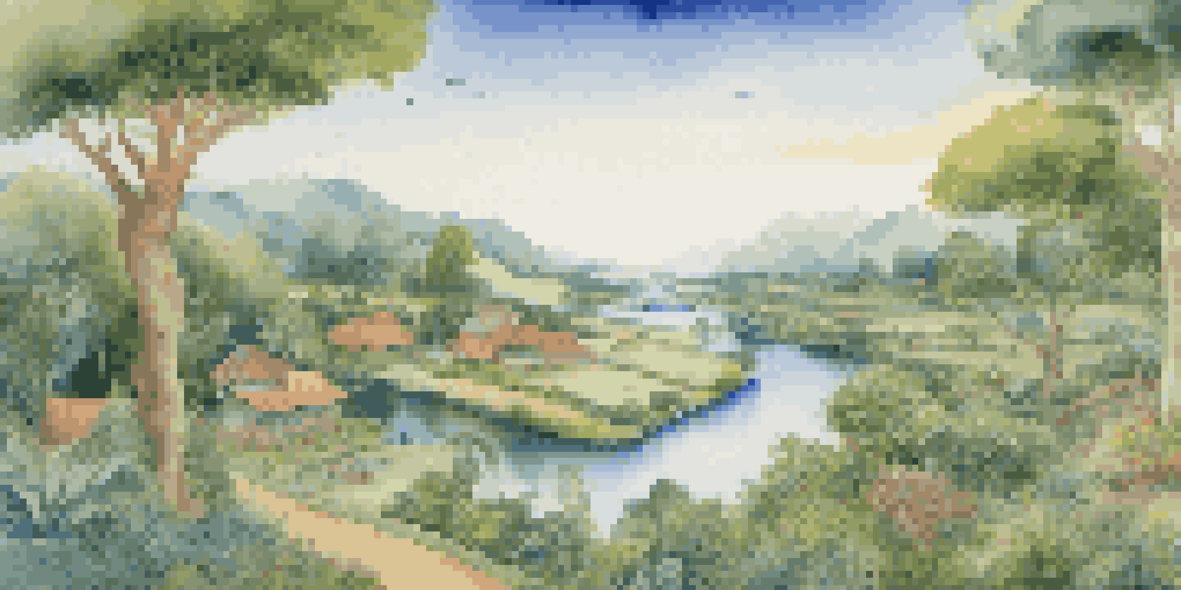 A peaceful landscape illustrating various investment types such as stocks, bonds, real estate, and commodities in a harmonious natural environment.