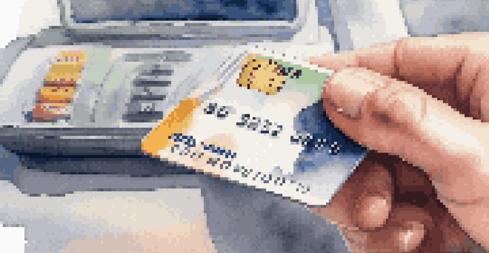A hand holding a credit card in front of a blurred computer screen displaying a credit report, with natural light emphasizing the textures.