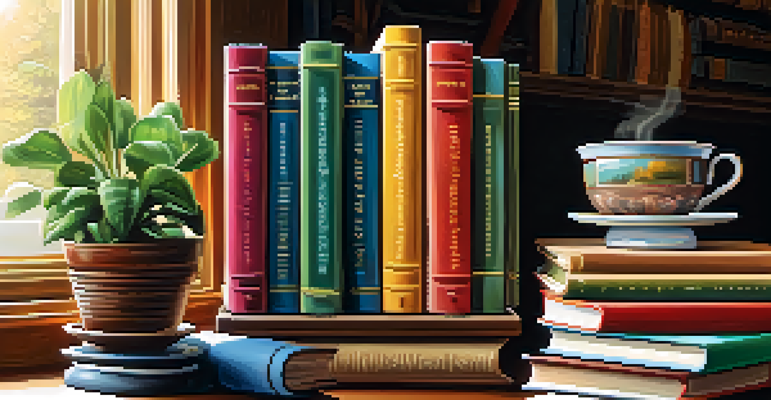 A wooden desk with colorful books, a globe, coffee cup, and a plant, bathed in warm sunlight.