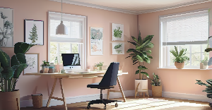 A stylish home office with a laptop on a desk, a comfortable chair, and green plants, illuminated by natural light from a window.