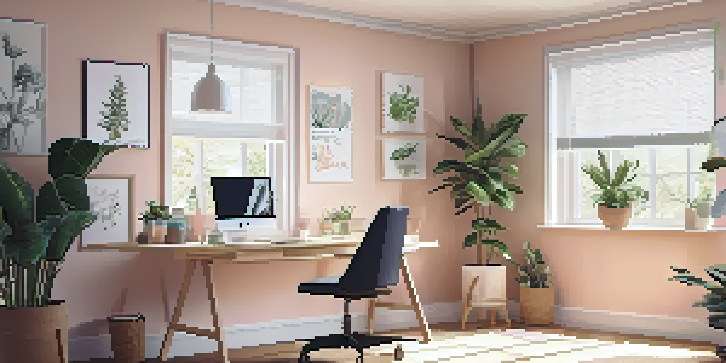 A stylish home office with a laptop on a desk, a comfortable chair, and green plants, illuminated by natural light from a window.