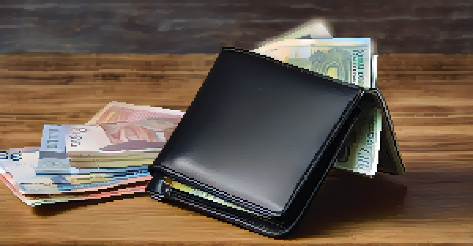 A close-up of a multi-currency wallet filled with various foreign currencies, placed on a wooden table.