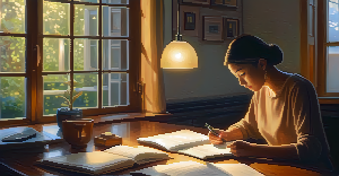 A person contemplating financial plans at a wooden table with a notebook and calculator, bathed in warm light, with a garden visible through the window.