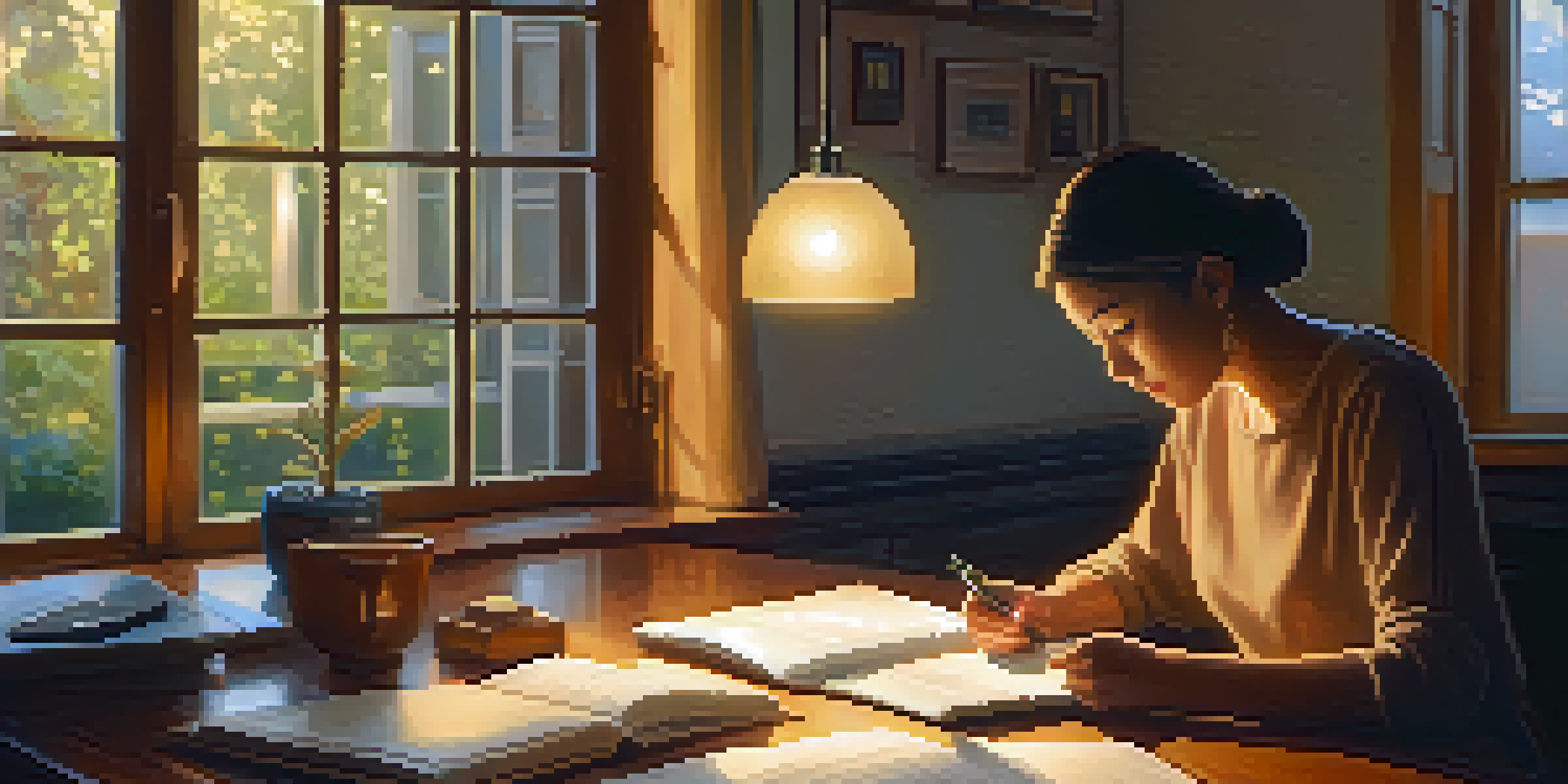 A person contemplating financial plans at a wooden table with a notebook and calculator, bathed in warm light, with a garden visible through the window.