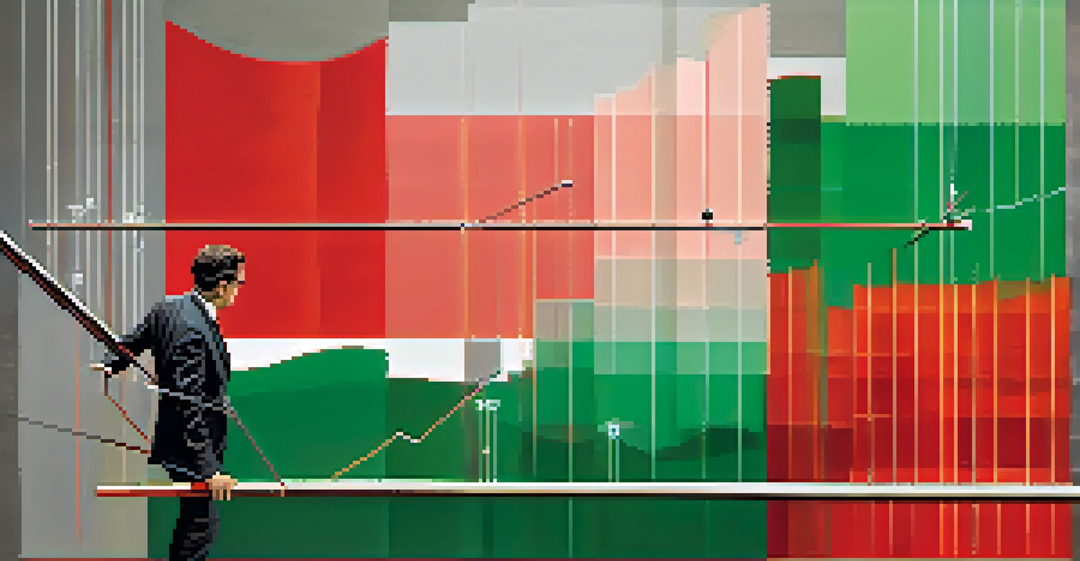 A person balancing on a tightrope, holding coins and a bar graph, symbolizing market risk with fluctuating lines in the background.