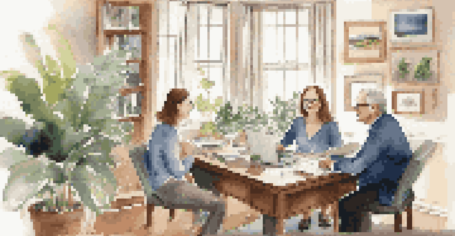A financial advisor talking to a couple in a cozy home office setting, with documents and financial plans visible.