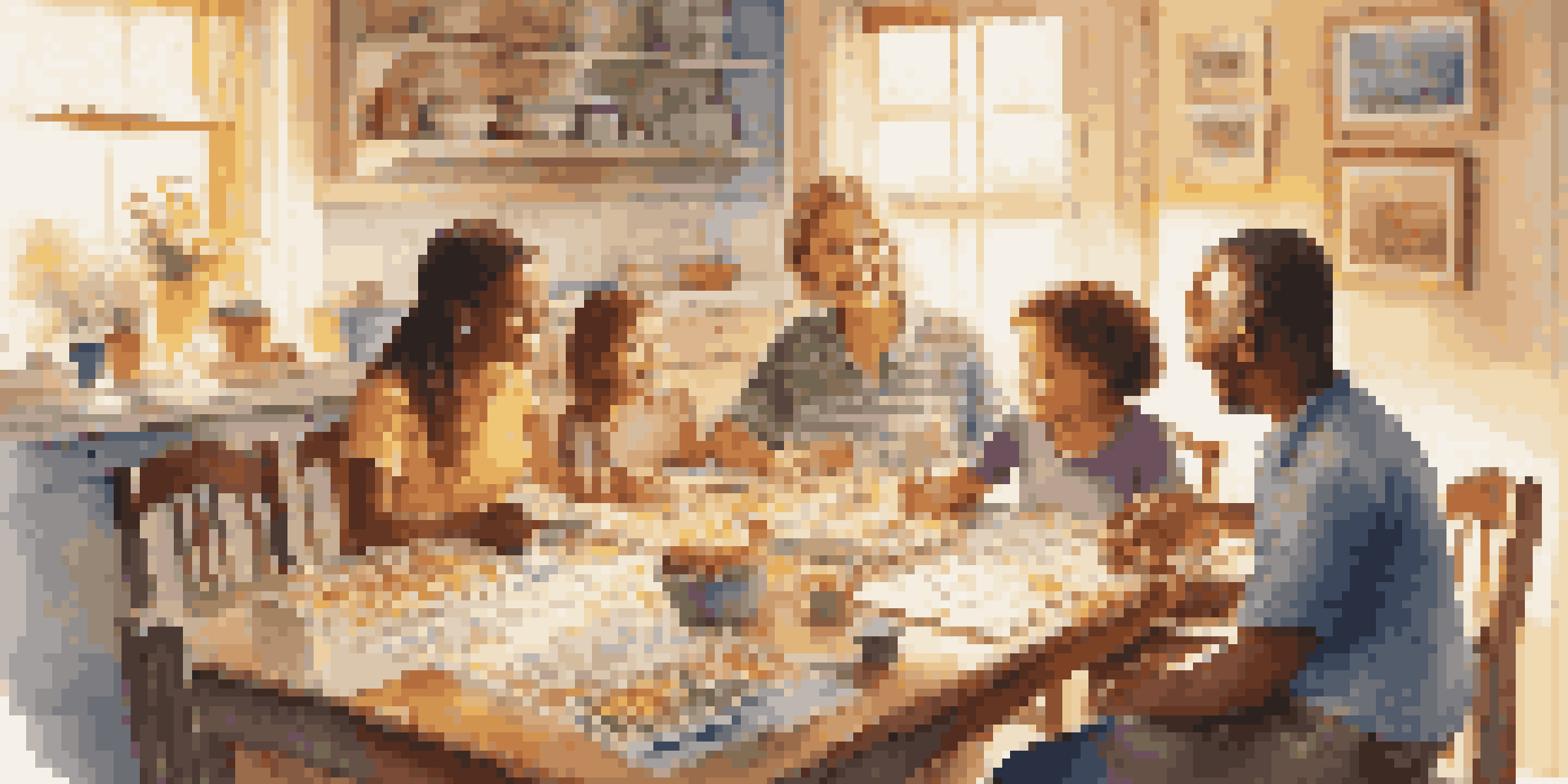 A family discussing budgeting at a dining table with children engaged and colorful charts visible.