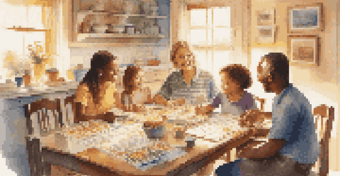 A family discussing budgeting at a dining table with children engaged and colorful charts visible.